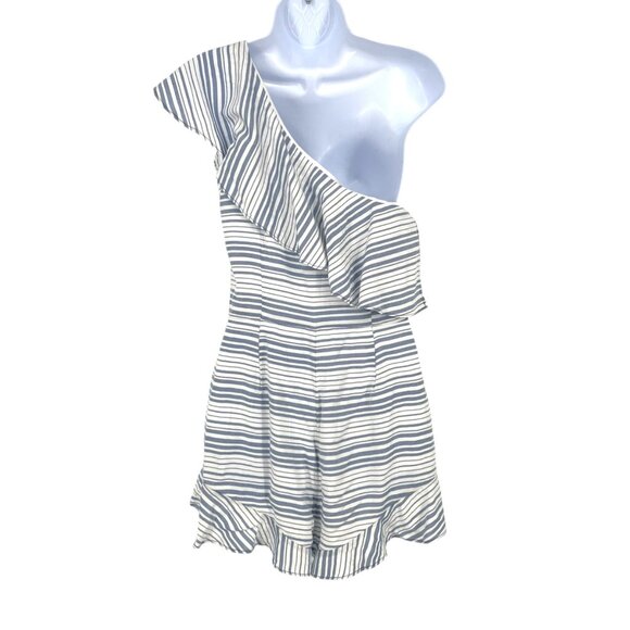 BB Dakota One-Shoulder Striped Ruffle Romper White Blue Size 2 - Picture 7 of 12
